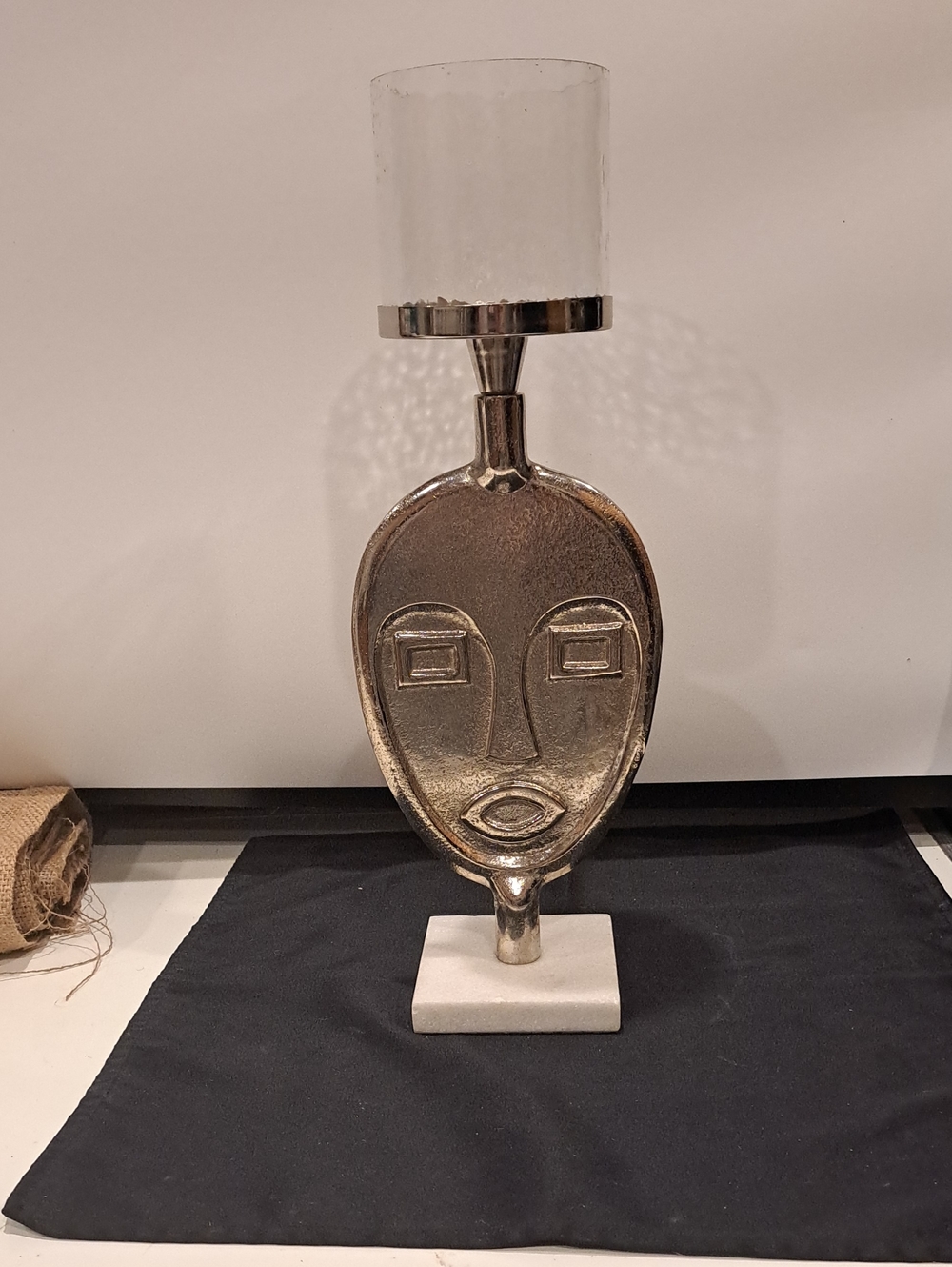 ABSTRACT TRIBAL Face Silver Tone Candle Holder/sculpture On Stone Base